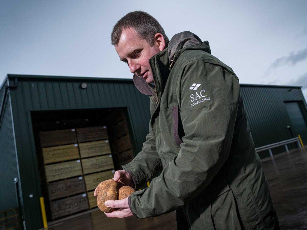 man holding ripe good looking potatoes in front of a large potato storage